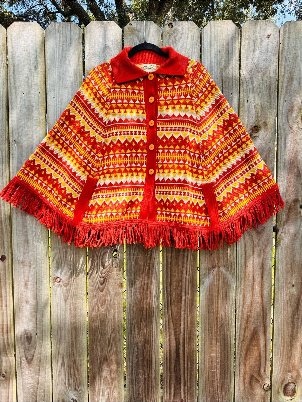 Vintage 1970s Chris Ann fall bohemian tribal sweater poncho cape S